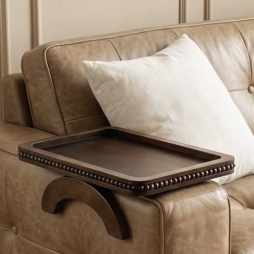 EOSAHR Couch Tray with Beads for Drink: Sofa Arm Tray for Home Decor, Brown | 13"×9"×1", Pine Wood, Foldable Couch Armrest Table, Anti-Slip Snack Holder, Remote Control Organizer