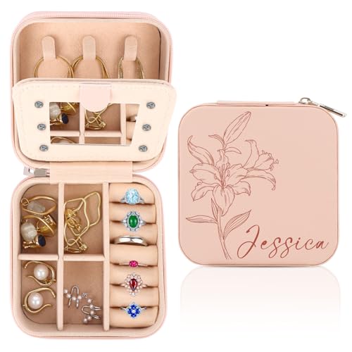 WALLFID Customised Personalized Travel Jewellery Box,Portable Jewellery Box,Small Travel Jewellery Storage Case with Mirror,Birthday Gift for Women,Mothers Birthday Valentines Day Gift Ideal (Lily) - Image 3