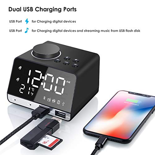 Alarm Clock With Usb Charger,Digital Alarm Clock Radio For Bedroom With Fm, Bluetooth Speaker,Dual Alarms, 4 Brightness Level Large Led Display Temperature/Time, Battery Backup, Snooze Function #TOP5