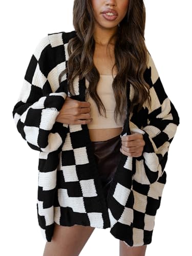 SANSIWU Women's Checkered Knit Chunky Cardigan Long Sleeve Open Front Loose Sweater Fall Winter Trendy Casual Plaid Pattern Knitwear (B-Black, L)