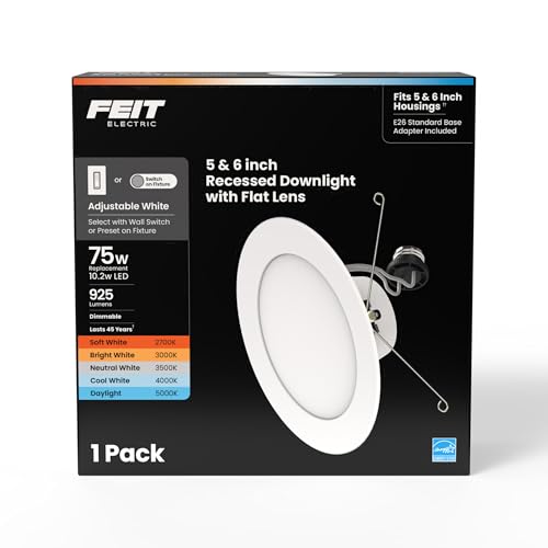 Feit Electric 6in LED Recessed Downlight 75W Equivalent Adjustable White 2700K5000K Switch-Selectable Color Temperature Dimmable E26 Retrofit 10.2W 50 000-Hour Lifetime LEDR56F/6WYCA