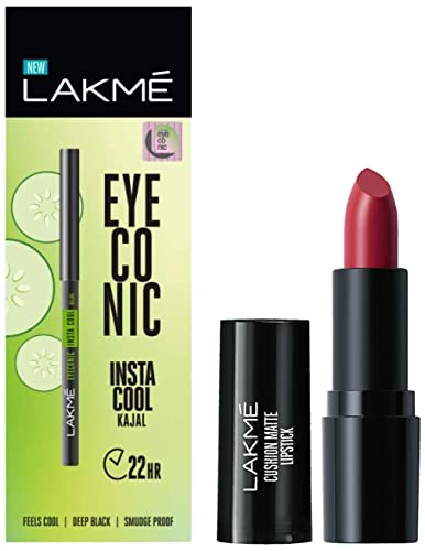 Image of Lakme Cushion Matte Lipstick, Red Wine, 4.5 g & Lakme Eyeconic Insta Cool Kajal, Black, Cooling Kohl Liner with Cucumber, Twist Up Pencil, 0.35 g