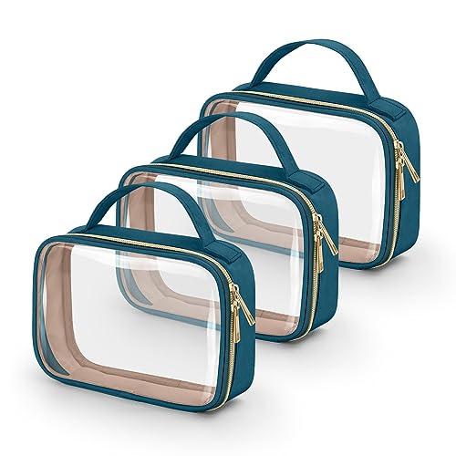 Image of Wedama TSA Approved Toiletry Bag, 3 Pack Clear Makeup Bags with Handles, Quart Size Toiletry Bags, PVC Clear Cosmetic Bags for Women and Men, Carry on Airport Airline (Til Blue, Medium)