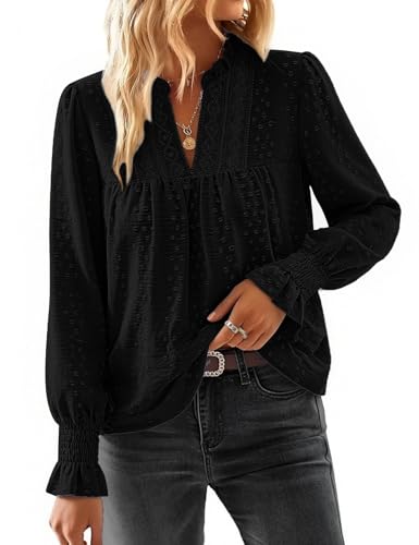 Fashora Langarmshirt Damen V Ausschnitt Bluse Damen, Schwarz, XXL