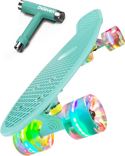 Deleven Skateboard mit LED Rollen, Skate Tool und ABEC 7 Lager - Kinder Erwachsene Anfänger - 56 cm