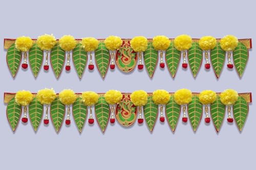 Image of HEGIENES DECOR'S Ganesh pan Toran with Artificial Yellow Marigold Flower| Door Toran| Toran for Door Entrance Bandarwal for Home Door Pack of 2