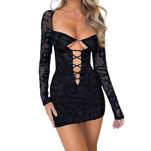 BBIQI Vestido feminino sexy de outono Y2k manga longa gola redonda com cadarço oco colado ao corpo f