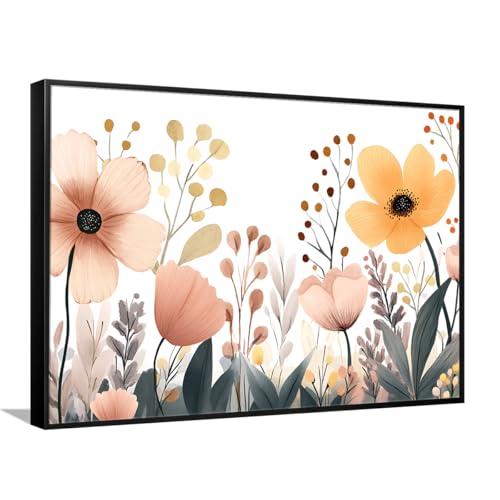 Pastel Botanical Flowers Framed Wall Art Canvas Print Beige Blush Leaves Modern Minimal Large for Living Room Bedroom Nursery Dining Room Hallway Entryway Office Ready to Hang(26"X40"Black-Frame)