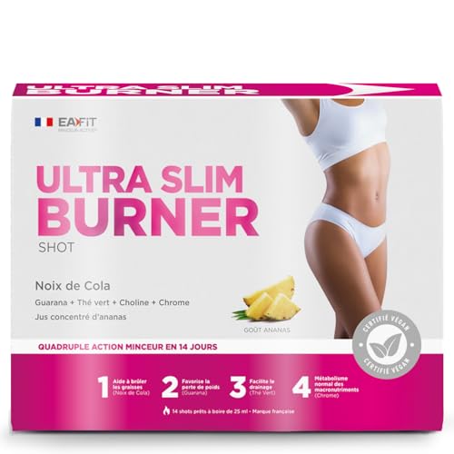 EAFIT MINCEUR - Ultra Slim Burner Shot - Quadruple Action Minceur- Bruleur de graisse puissant rapide à consommer- Chrome - Guarana, Noix de cola, The vert -14 Shots, Saveur Ananas- Marque Française