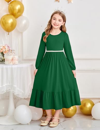 Image of Arshiner Girls Maxi Dresses Lantern Long Sleeve Casual Holiday Dress with Pockets for 5-14 Y