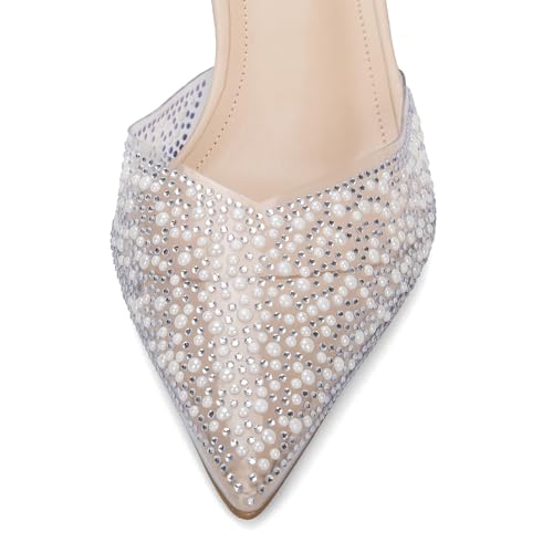 Image of YIYA Women's Clear Slingback Heels with Pearl Studded Pointed Toe Kitten Mid Heels Sparkly Rhinestone Slip On Wedding Party Shoes
