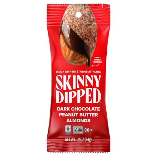 Image of SkinnyDipped Dark Chocolate Peanut Butter Almonds, 1.2oz Bags | 15 Pack | Crunchy Whole Almonds Thinly Dipped in Chocolate | Gluten Free | Plant Protein Snack Packs