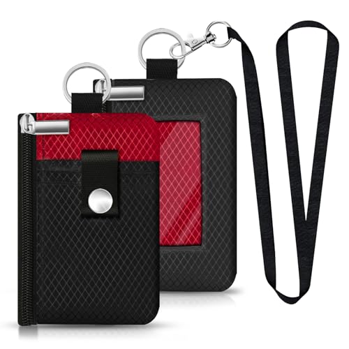 Image of Minimalist RFID Blocking Small Wallet with ID Window,WaterResistant Zip Id Case Wallet with Lanyard Keychain for Cards,Cash,Travel,Women,Men (Black /Red)