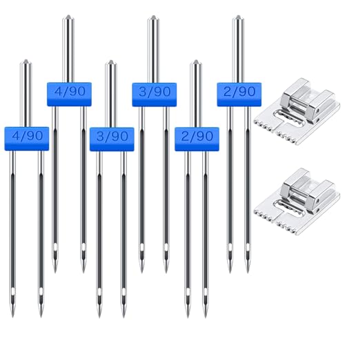 Lot de 6 aiguilles doubles pour machine à coudre avec 2 pieds presseur à 9 rainures, enfile-aiguille pour machine à coudre, 3 tailles mixtes 2.0/90, 3.0/90,...