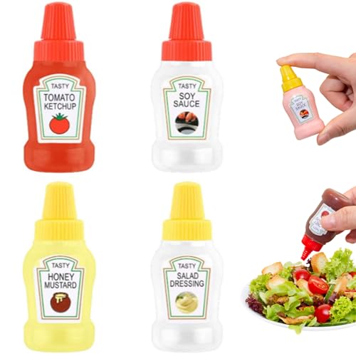 Odoukey Mini Bouteille de Sauce 4 pièces Bouteille de Ketchup à Presser 25 ML avec étiquettes contenants Condiments Portables Rechargeables et étanches pour boîte à déjeuner Mini Bouteilles d