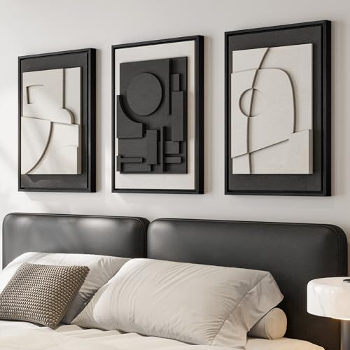 3D Textured Framed Black and White Abstract Wall Art for Bedroom, 3 Piece Modern Paintings Artwork for Walls, Minimalist Black White Geometric Pictures for Living Room, Dining Room Wall Decor 16x24 In