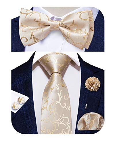 Image of Hi-Tie 5Pcs Mens Solid Color Silk Tie Satin Pretied Bowtie Lapel Pin for Men Handkerchief Cufflink Wedding Gift Box