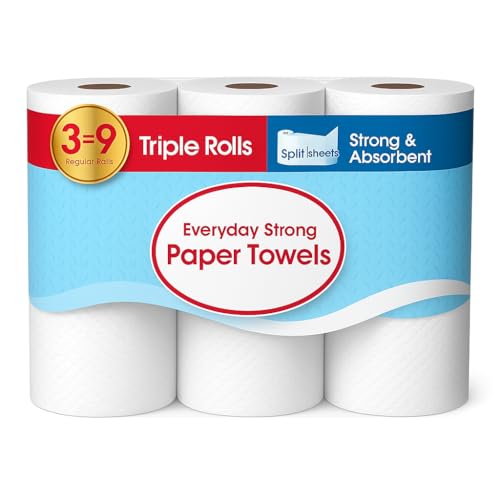 Kitchencials Everyday Strong Paper Towels, Split Sheets, 3 Triple Rolls, 2-Ply Ultra-Absorbent Kitchen Towels for Home & Cleaning – Durable & Soft