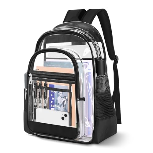 Clear Backpack, Clear Bookbag Large Clear Casual Backpacks Heavy Duty PVC Transparent Backpacks with Multi-pockets See Through Backpack for School College Concert Work Travel, Black