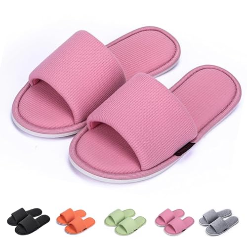 Image of Women's Open Toe House Slippers - Breathable Waffle Fabric, Memory Foam Cushioning, Slip-On Summer Indoor Slippers, Non-Slip TPR Sole, Easy Care