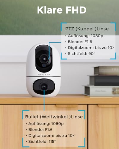 virtavo XD1 WLAN Dual Kamera Überwachung Innen, 2 Ansichten Gleichzeitig, Ohne ABO, Smart Tracking, Rundum‑Sicht, Farbnachtsicht, Zwei‑Wege‑Audio, 1080P Überwachungskamera für Baby & Haustiere