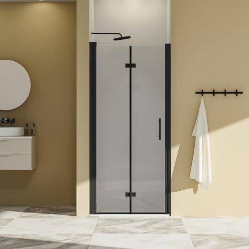 Semi-Frameless Bifold Shower Door 34-35" W x 72" H - Matte Black ANSI/SGCC Certified 6mm Tempered Glass with Explosion-Proof Film, Reversible Installation, Space-Saving Design for Small Bathrooms‌