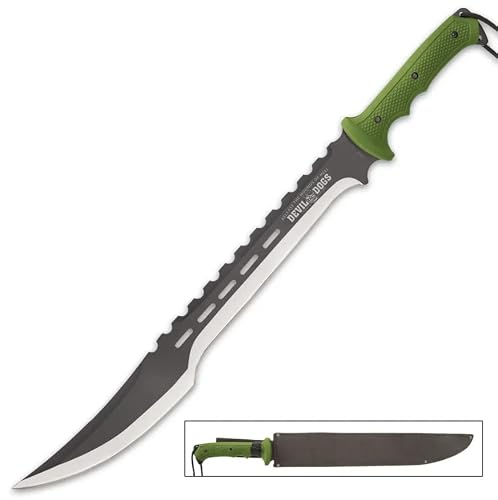 Devil Dogs Machete and Sheath - Stainless Steel Blade, TPU Handle Scales, Lanyard Cord - Length 25”