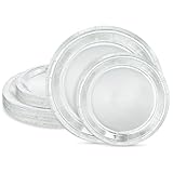 LIKAJON 50 Pcs Silver Paper Plates, 25 Pcs 9 Inch and 25 Pcs 7 Inch Disposable Christmas New Years Dessert Plates for Valentines, Baby Shower, Birthday, Wedding, Graduation, Picnic, BBQ, Party