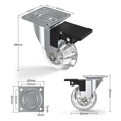 4er Set Transportrollen, Joyvita 50mm Rollen für Möbel mit Bremse, Schwerlastrollen Klein mit 360 Grad Drehbar für Möbel, Lenkrollen Tragkraft 160KG für Palettenmöbel, Couchtische, Krippen