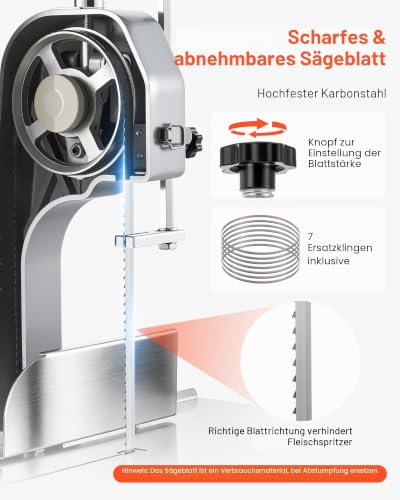 Foto von VEVOR Elektrische Fleischbandsäge 1500 W, Knochenschneidemaschine mit Arbeitsfläche (315 x 460 mm), Schnittstärke (0-110 mm) und 7 zusätzliche Ersatzklingen, für Gefrorenem Fleisch, Schweinefleisch
