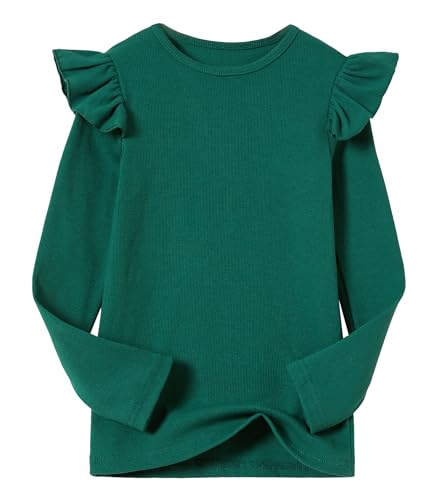 Beganly Camiseta de manga larga para niña, de algodón, elástica, básica, cálida, cuello redondo, Volantes Verde Oscuro, 6 años