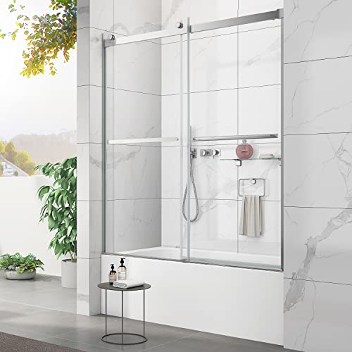 Sunrosa Semi-Frameless Glass Shower Door 58-7/8"×60", Bypass Sliding Shower Door With Towel Bar, Bathtub Shower Door With Tempered Glass, Aluminum Shower Door For Bathtub In Chrome #TOP15