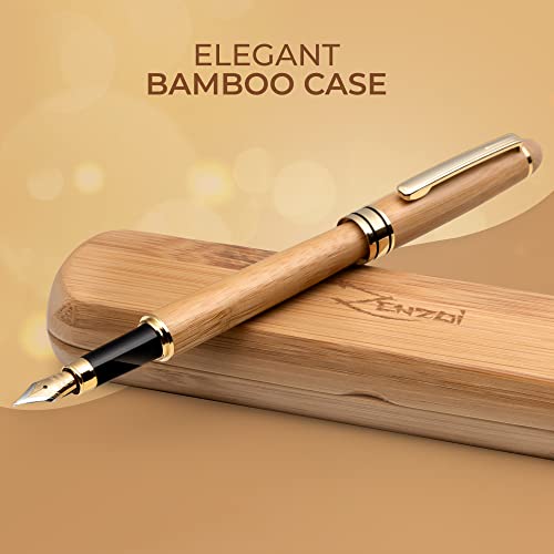 Zenzoi Luxury Fountain Pen Bamboo Set W/Fine Nib Point, Ink Converter & Case. Handcrafted Wooden Refillable Gift Pen Set. Nice Vintage Calligraphy Pens. Beautiful Smooth Signature Writing Pen. #TOP1