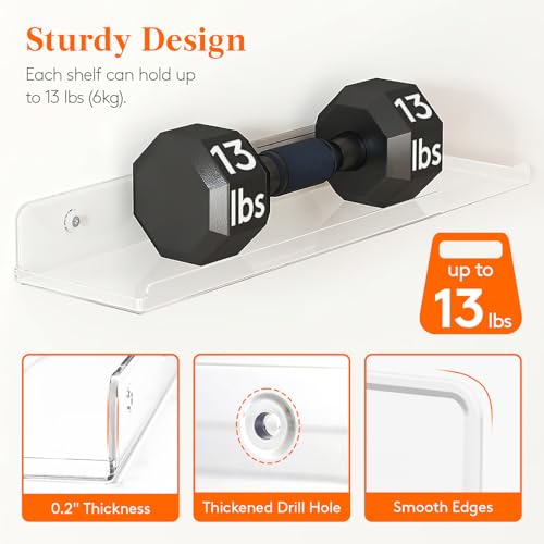 Image of Lifewit Acrylic Floating Shelves for Bathroom 14 inch Clear, 2 Pack | Wall Mounted Display Shelf for Makeup, Skincare, Nail Polish, Book, Perfume Organizer for Bedroom, Living Room, Nursery Decor