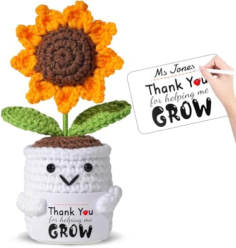 Teacher Appreciation Gifts for Women - Handmade Crochet Sunflower Pot with “Thank You for Helping Me Grow” Personalized Card, Graduation End of Year Teacher Retirement Gift, Thank You Gifts for Women
