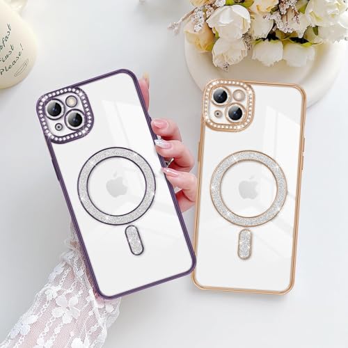 Image of Cute Compatible with iPhone 13 Diamond Glitter Case,Luxury Bling Rhinestone Soft Clear TPU Bumper Case,Compatible with MagSfe and Camera Lens Protection Cover for Women Girls (Gold)