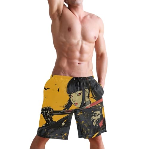Men Swim Trunks-Woman Samurai, Beach Shorts with Inner Lining Quick Dry Board Shorts S4