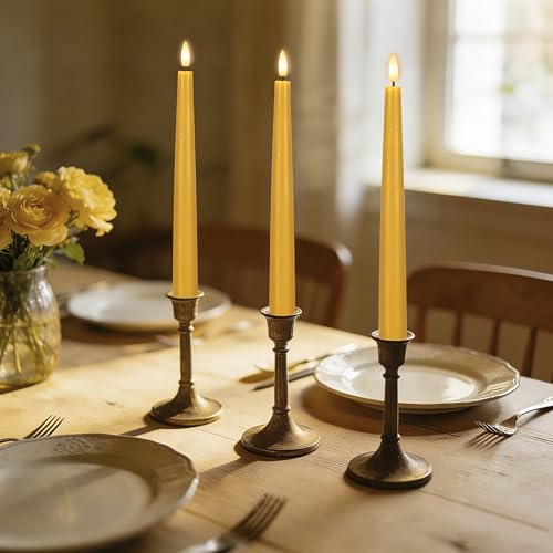 Image of Yellow Flameless Taper Candles with Remote, 9.6 Inches Real Wax Battery Operated Candles, 3 Pack Flickering LED Candlesticks, Tall Taper Fake Candles for Home, Wedding, Party
