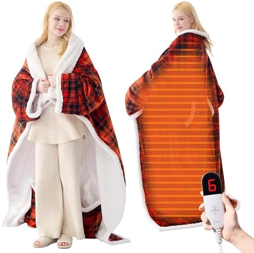Electric Heated Blanket Wearable Throw with Foot Pocket & Front P...