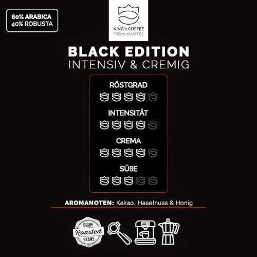 KING’S COFFEE - BLACK EDITION - 1kg Kaffeebohnen Crema Intense - säurearmer Kaffee - kleine Chargen-Röstung aus Italien - kräftige Arabica Espresso Bohnen (Blend) für Vollautomaten & Siebträger