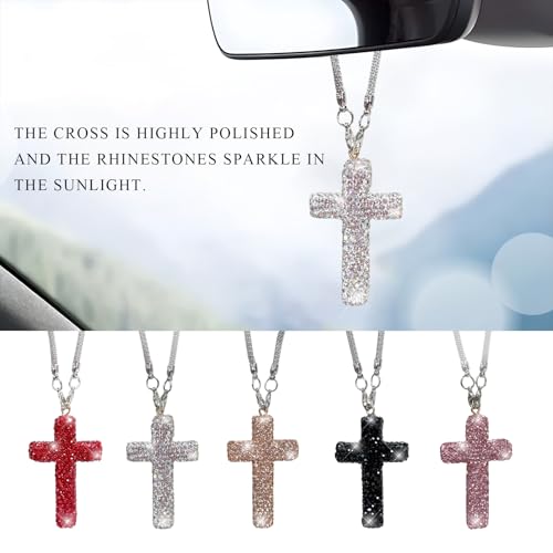 MTRPS Bling Car Hanging Ornament, Crystal Rhinestone Cross Pendant Rearview Mirror Hanging Accessories, Sparkling Religious Charm Vehicle Interior Decoration for Women Men (Silver)