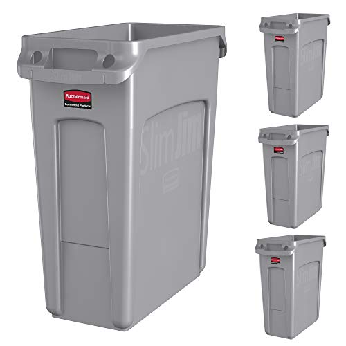 Image of Rubbermaid Commercial Products Slim Jim Under-Counter Trash Can with Venting Channels, 13-Gallon, Gray, Fits Under Desk /Cabinet /Sink, Pack of 4