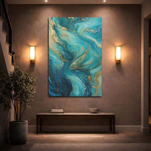 Tableau poissons bleu canard et or, décoration murale salon verticale 60x90 cm