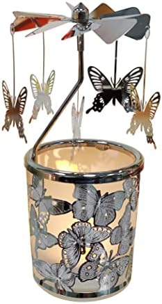 kingnero Carousel Candle Rotary Candle Holder Spinning Candleholder Metal Tea Light Candlestick for Home Decor (Silver Butterfly)