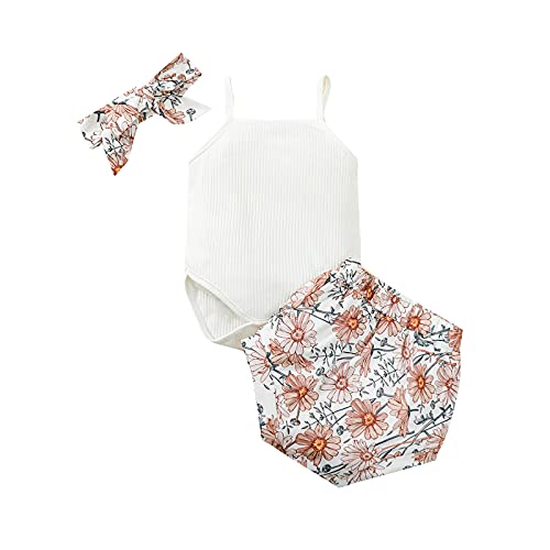 Infant Baby Girl Summer Clothes Sets Bodysuit Sling Ribbed Romper Floral Print Shorts with Headband 3Pcs Outfit (White,0-6 Months)