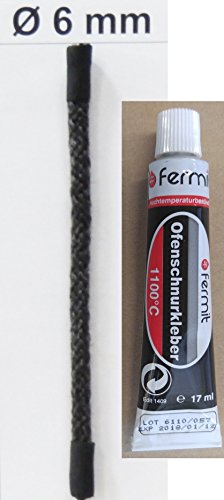 Guarnizione per porta stufa e camino di 6 mm di diametro, con adesivo e cavo di sigillatura a parte (diametro di 6 mm, lunghezza 1,0 m incluso1 tubo di colla Fermit)