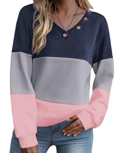 Zeagoo Women V Neck Long Sleeve Color Block Casual Blouse Fall Fashion 2025 Button Decor Basic Tees Waffle Knit Tops