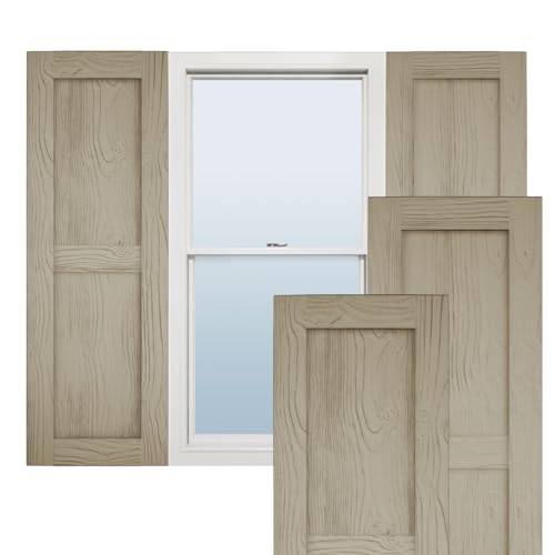 Ekena Millwork 18"W x 68"H Rustic Two Equal Panel Flat Panel Sandblasted Faux Wood Shutters (Per Pair), Primed Tan