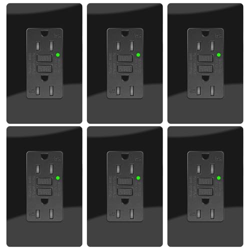 15A Black GFCI Outlet, TR &amp; WR Ground Fault Protector with LED Indicator, Tamper &amp; Weather Resistant GFI Electrical Receptacle, ETL Listed, Wallplate Included, 6 Pack