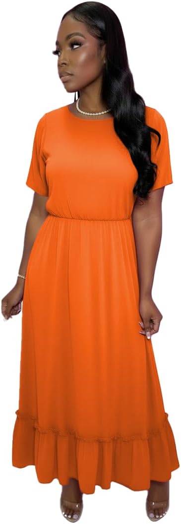 TOPSRANI Maxi Dresses for Women Short Sleeve Crewneck Casual Loose Smocked Ruffle Flowy Summer Sundresses with Pockets